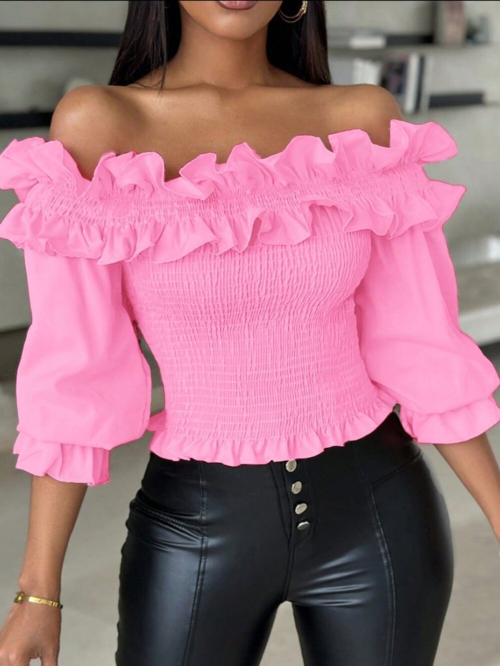 Pink Casual Women's Ruffle Decor Off Shoulder Cropped Top - Picture 4 of 6